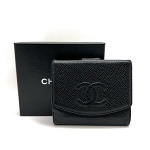 Authentic CHANEL CC Vintage Caviar Black Leather Compact Bifold Wallet W/ Box